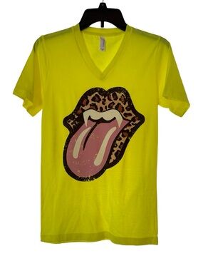 Bella Canvas Neon Yellow V-Neck Tee with Leopard Tongue Graphic